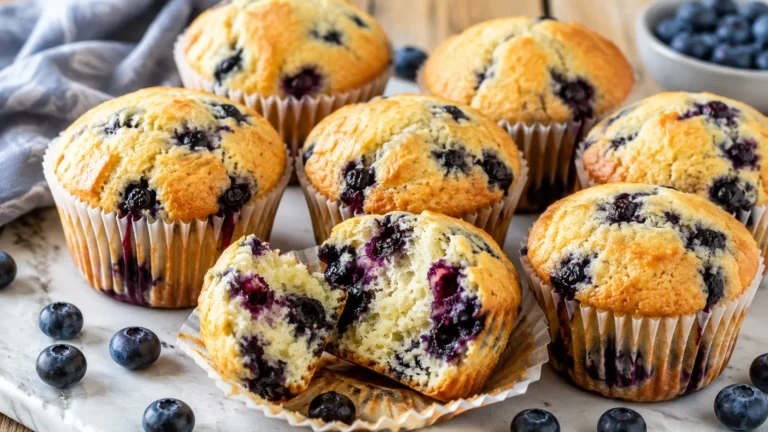 Saftige Blaubeer Muffins mit goldener Oberfläche und frischen Blaubeeren