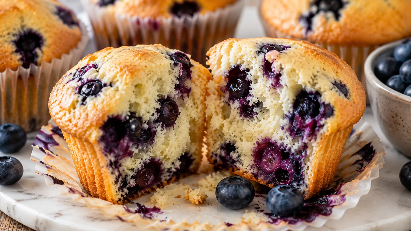 Aufgeschnittener Blaubeer Muffin mit saftiger Krume und vielen Blaubeeren