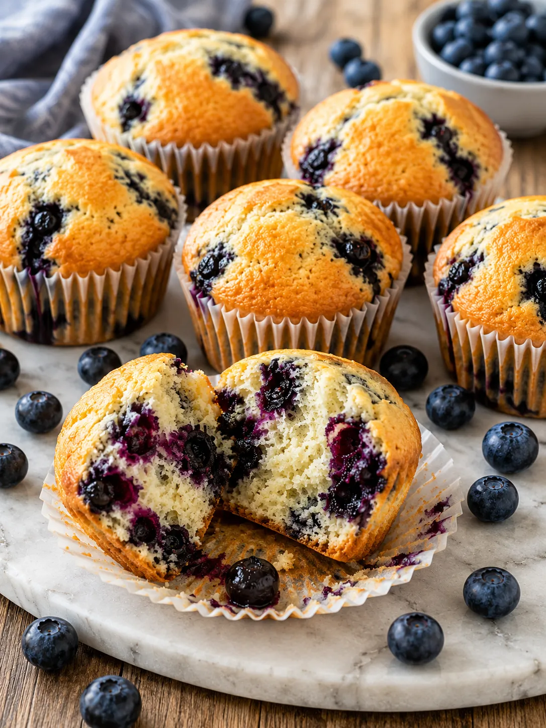 Blaubeer Muffins mit lockerer Krume und frischen Blaubeeren im Anschnitt
