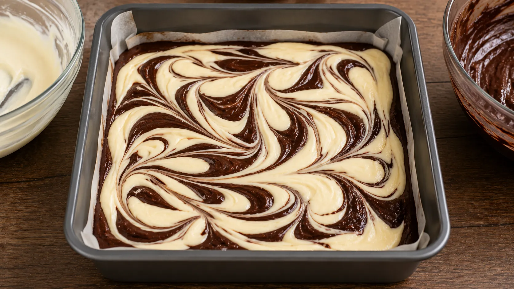 Cheesecake Brownies in einer Backform mit Marmormuster vor dem Backen