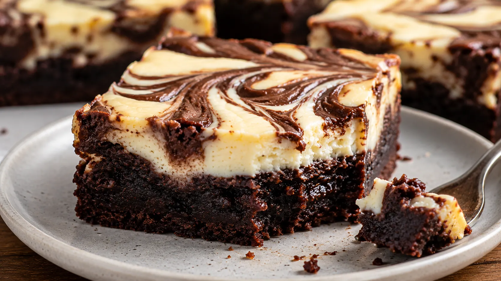 Aufgeschnittener Cheesecake Brownie mit fudgy Schokoladenkern und cremiger Frischkäse-Schicht