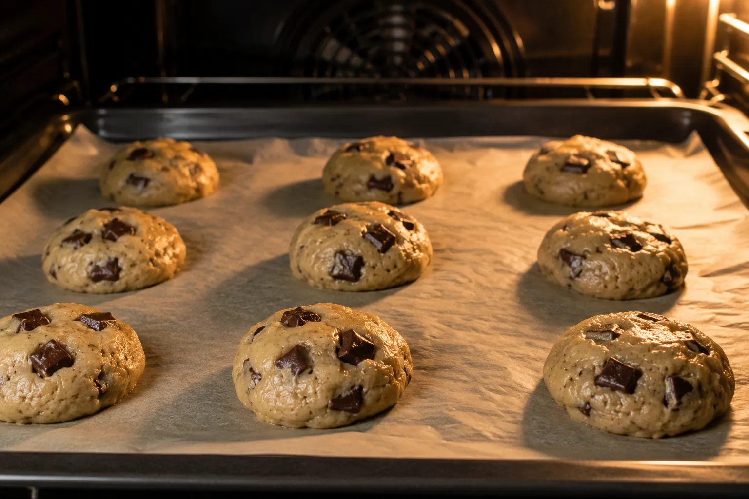Chocolate Chip Cookies auf dem Backblech vor dem Backen