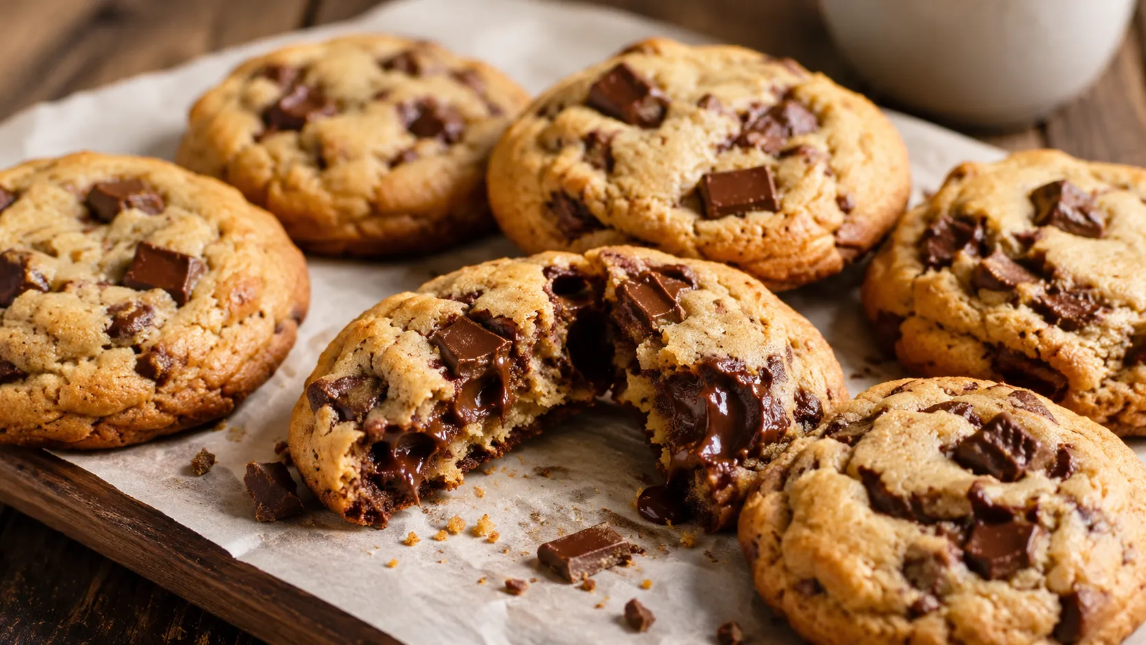 Chocolate Chip Cookies mit weicher Mitte und geschmolzener Schokolade