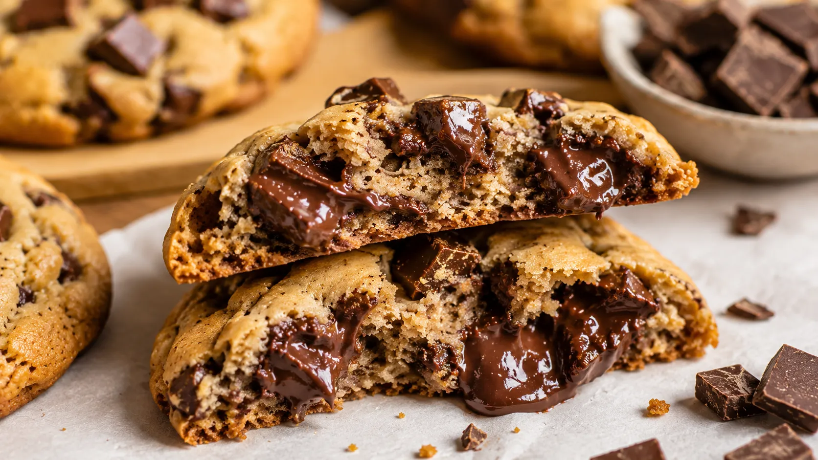 Aufgebrochener Chocolate Chip Cookie mit geschmolzener Schokolade
