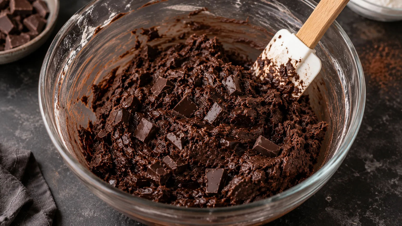 Dunkler Cookie Teig mit Schokoladenstücken in einer Glasschüssel