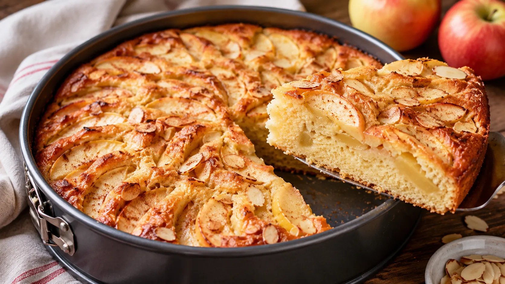 Einfacher Apfelkuchen mit Apfelspalten, Mandeln und saftiger Krume