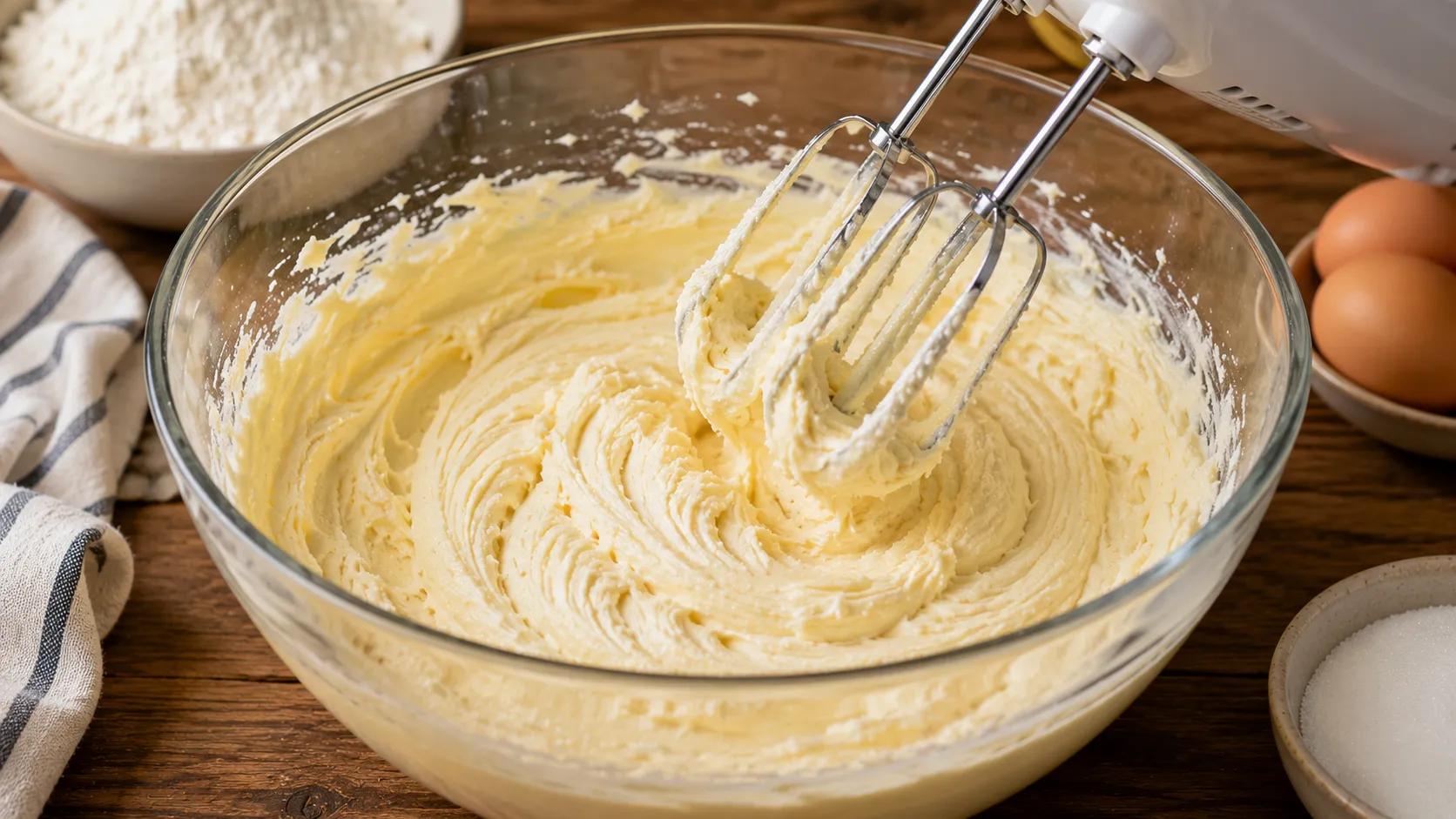 Heller Rührteig für Apfelkuchen in einer Glasschüssel