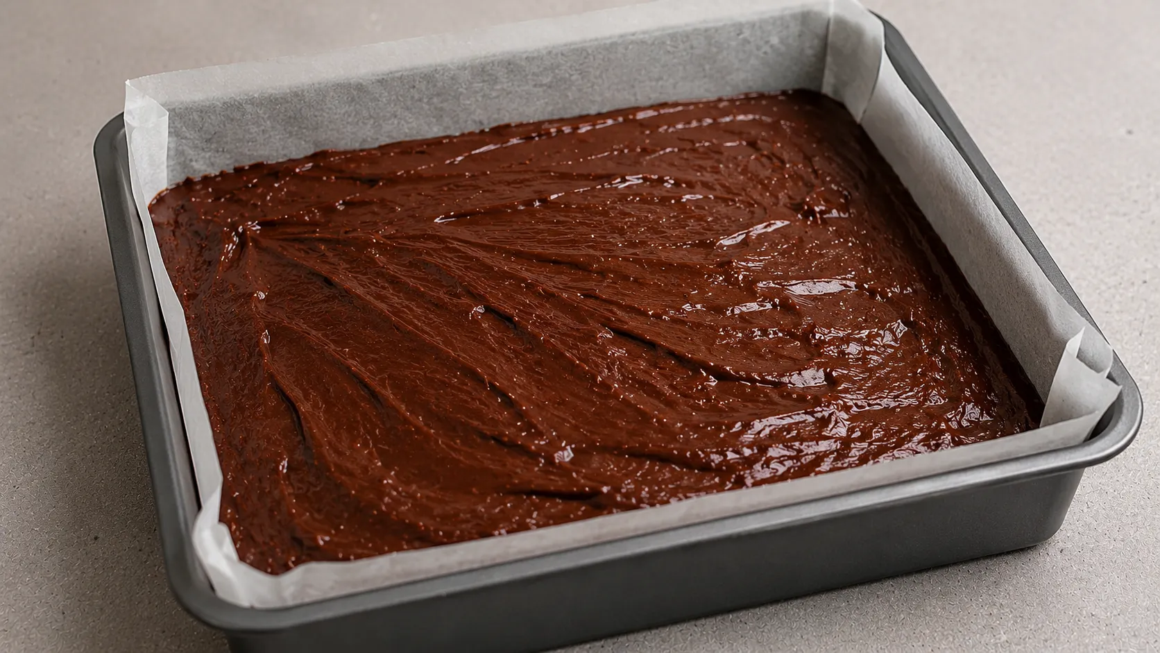 Brownie Teig in einer quadratischen Backform vor dem Backen