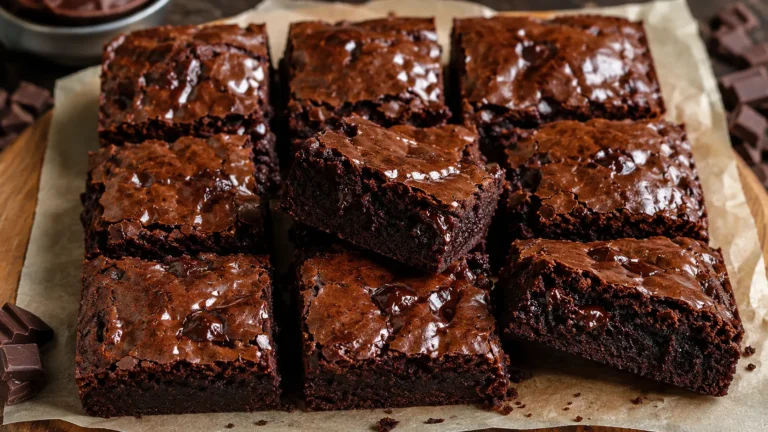 Klassische Schokoladen Brownies mit glänzender Kruste und fudgy Schokoladenmitte