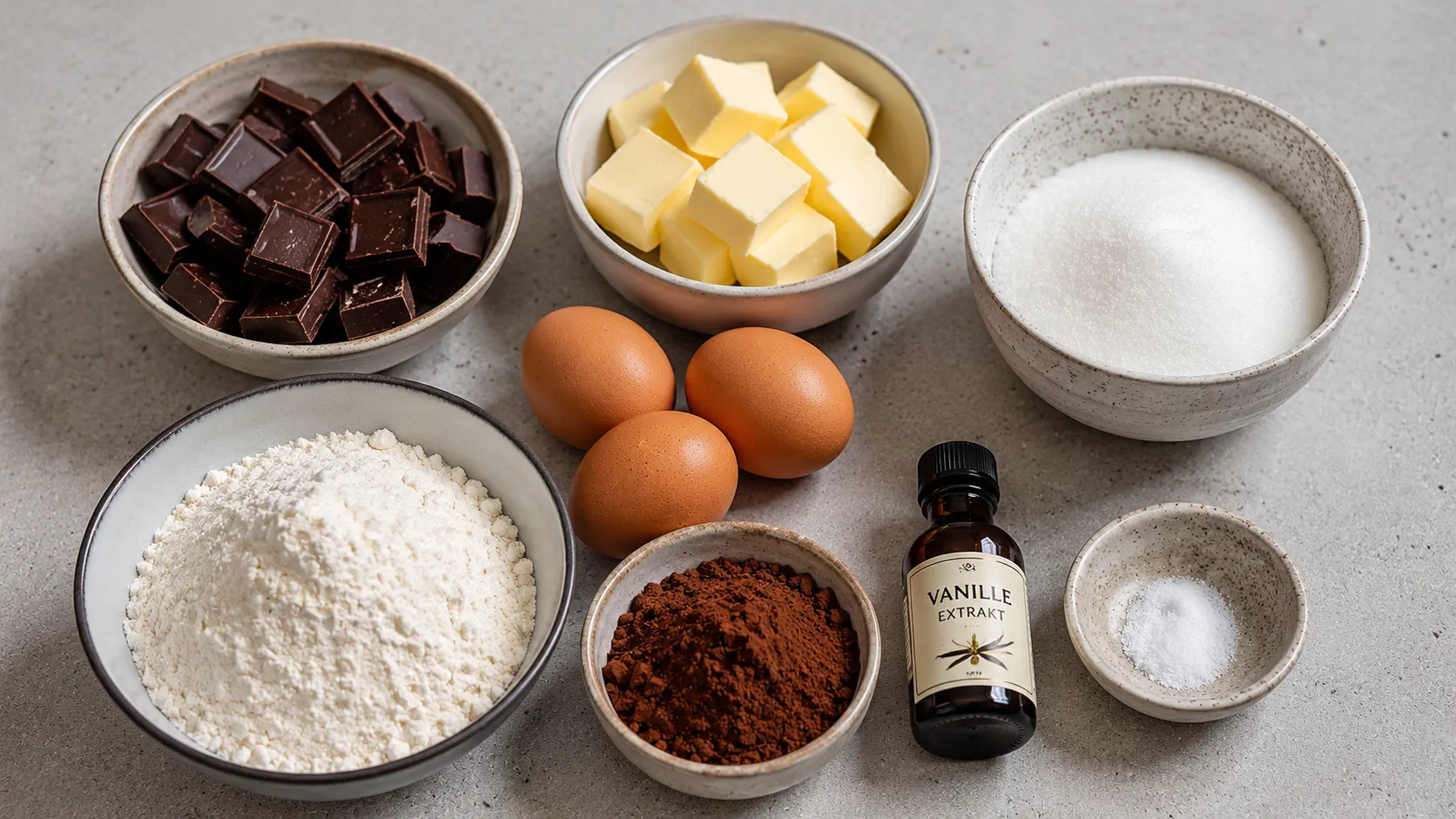Zutaten für klassische Schokoladen Brownies mit Zartbitterschokolade, Butter und Backkakao