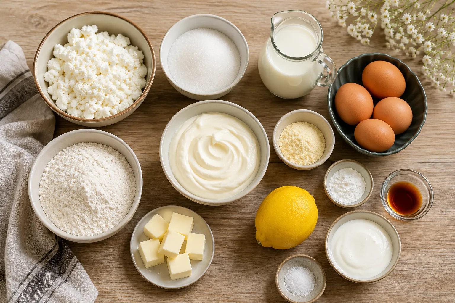 Zutaten für klassischen Käsekuchen mit Quark, Eiern, Zucker und Butter