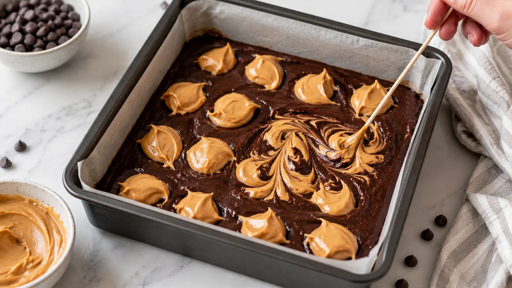 Brownieteig mit Erdnussbutter-Muster vor dem Backen