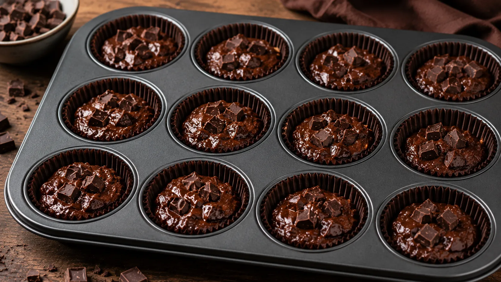 Schoko Muffin Teig in Muffinförmchen vor dem Backen im Ofen