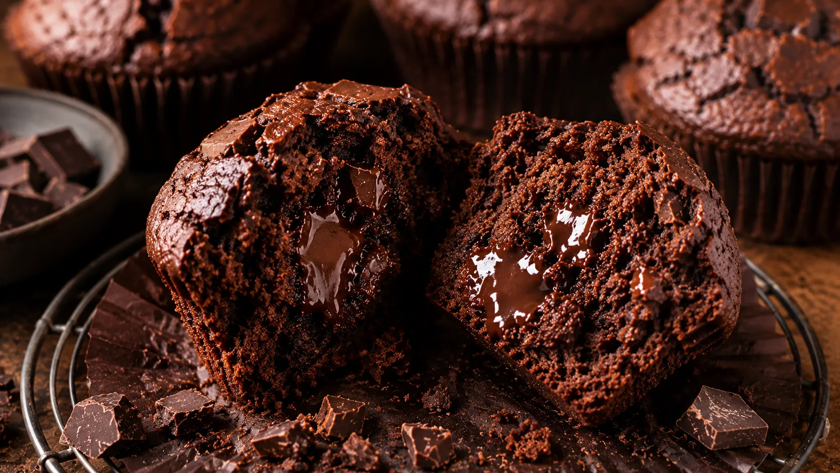 Aufgeschnittener Schoko Muffin mit geschmolzener Schokolade und weicher Krume