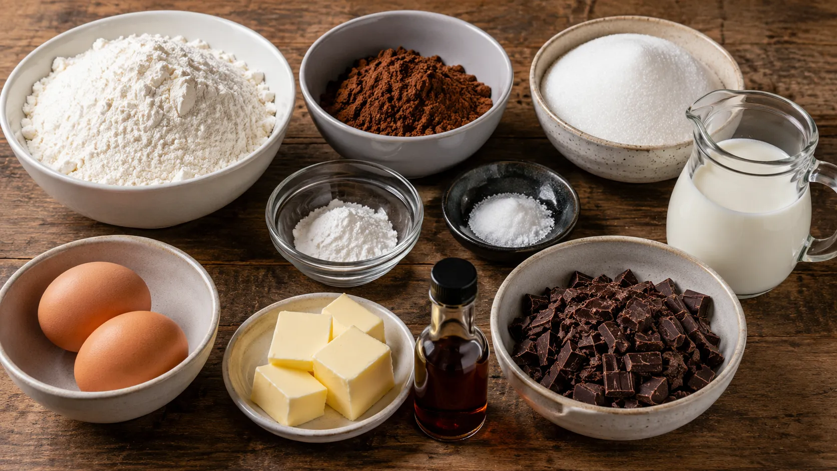 Zutaten für Schoko Muffins mit Kakao, Mehl, Butter und Zartbitterschokolade