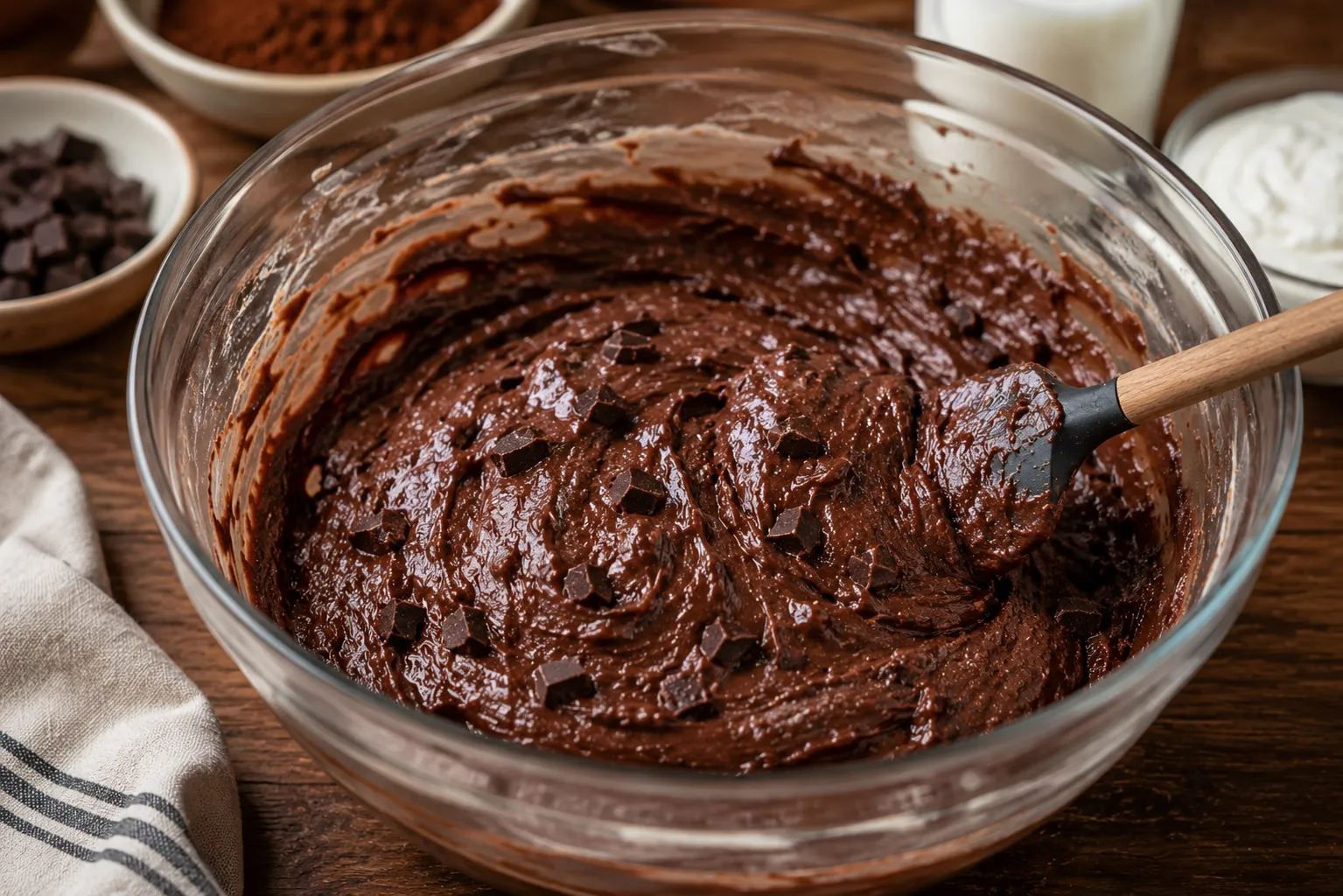 Dunkler Schokoladenteig für saftigen Schokokuchen in einer Glasschüssel