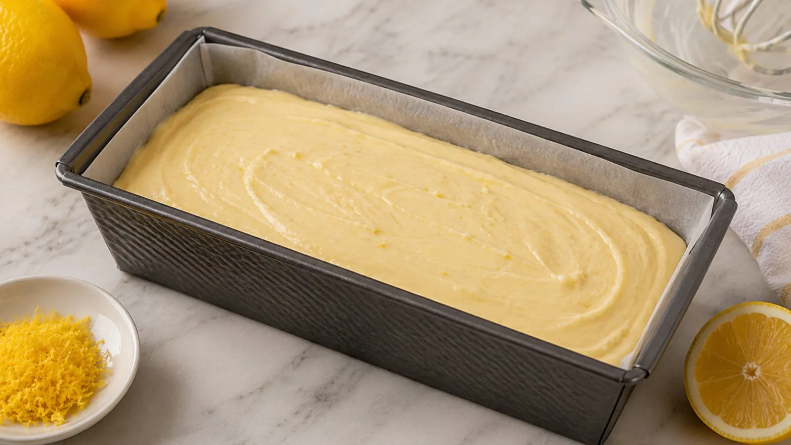 Zitronenkuchenteig in einer Kastenform vor dem Backen
