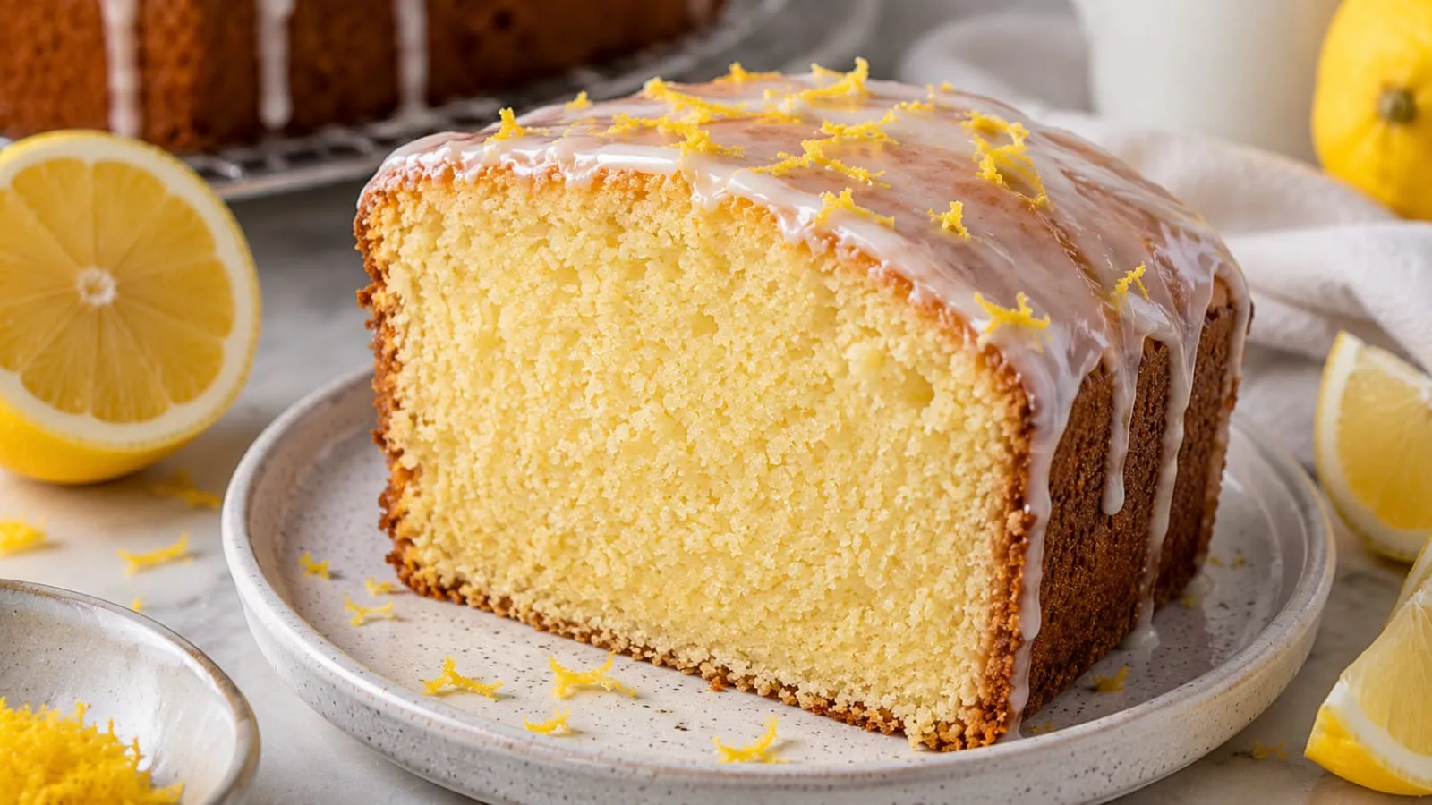 Angeschnittenes Stück Zitronenkuchen mit Glasur und saftiger Krume