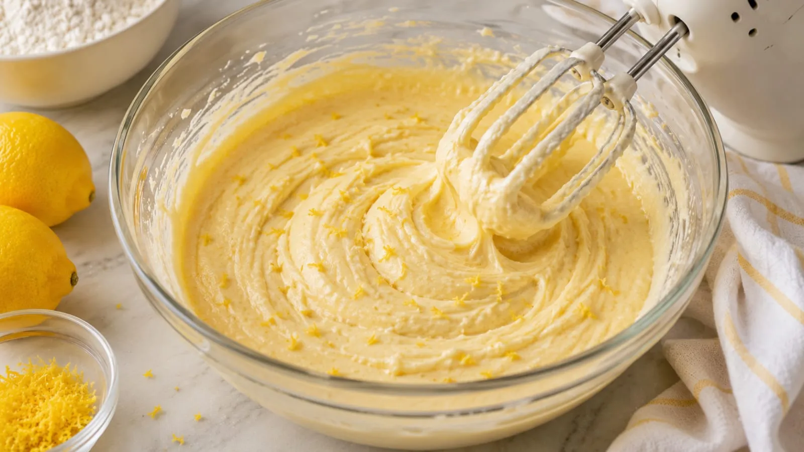 Cremiger Zitronenkuchenteig mit Zitronenabrieb in einer Glasschüssel